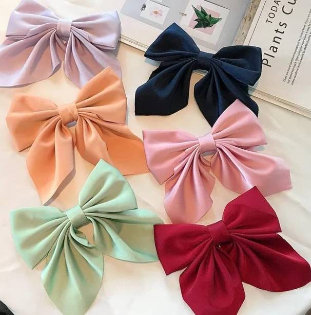 HNB23 Large Satin Hair Bows Ties for Girls Women Pack 6 Multicolor Hair Clip
