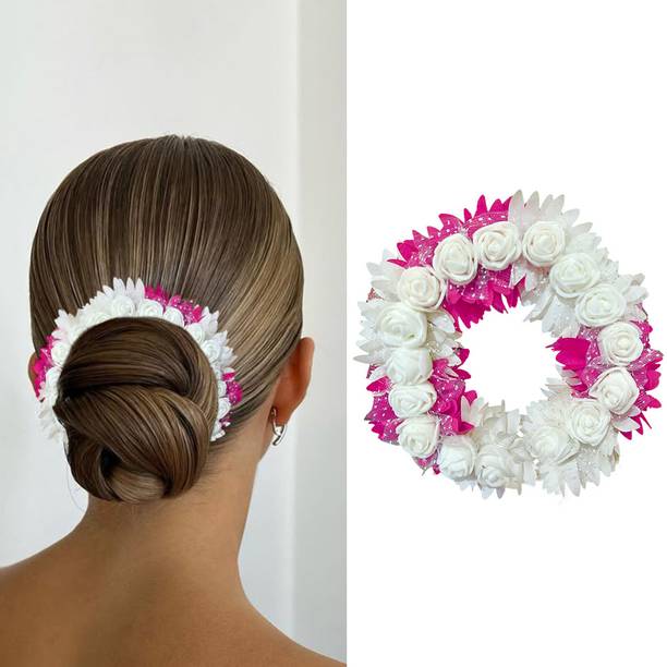 Blushia Artificial Bridal Rose Petal Flower Tiara Gajra Hair Juda For Girls (Pink) Hair Accessory Set