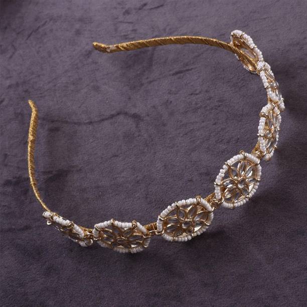 MANODHRUVA Parineeti Style Floral Shape Kundan Studded Hair Band (Gold & White), Pack of 1 Hair Band
