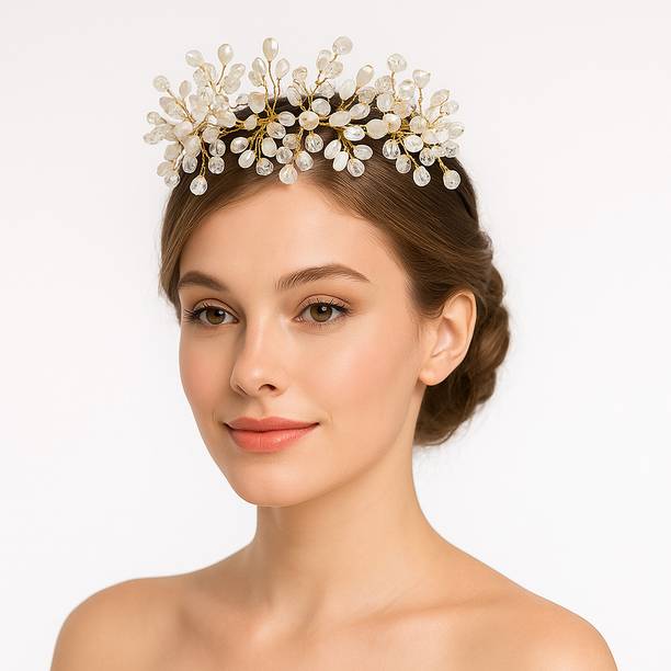 Elegant Pearl & Crystal Beaded Hairband with Golden Wire Design Hair Band