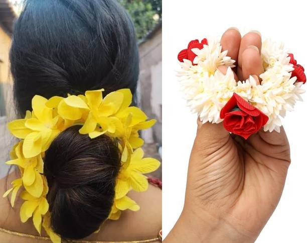 FAUNTRIUS YELLOW ORCHID WITH 3RED ROSE GHONDHO RUBBER BAND SET OF 2PC-G Hair Accessory Set