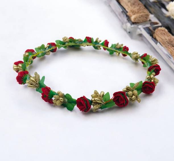 GadinFashion Handmade Flower Bridal Hair Tiara Crown Tiara For Women & Girls Red & Gold Bun