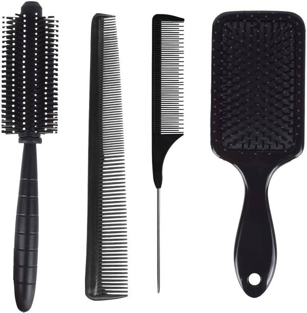 VEDETIC Women/Men Salon Use Black Hair Styling Comb ,Paddle And Round4 Pcs Set Of Comb Price in India