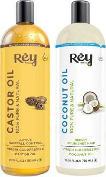 Rey Naturals Cold-Pressed-Pure Castor Oil and Coconut Oil Combo 750 ml + 750 ml  Hair Oil