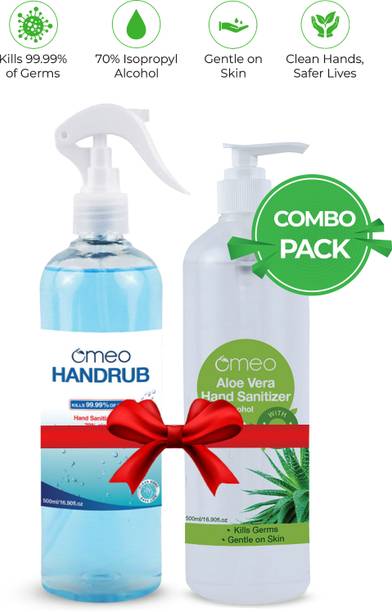 Omeo COMBO PACK 500ML SANITIZER WITH 500ML HAND RUB (70% ALCOHOL (2 x 500 ML Hand Sanitizer Pump Dispenser