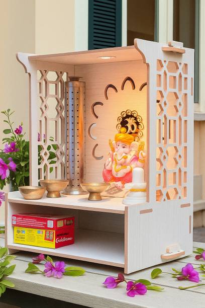 HOODWIN Pooja Mandir Home Office with LED Light H- 18 L- 16 W -8.75 In Home Temple Engineered Wood Home Temple