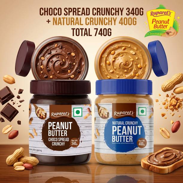 ruparel's PEANUT BUTTER CHOCO SPREAD CRUNCHY 340G & NATURAL CRUNCHY 400G TOTAL 740G
