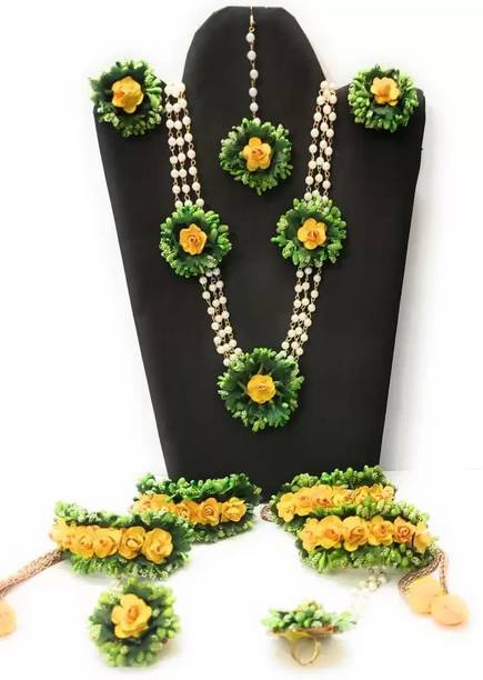 Paladiya Krafts Fabric, Paper Yellow, Green Jewellery Set