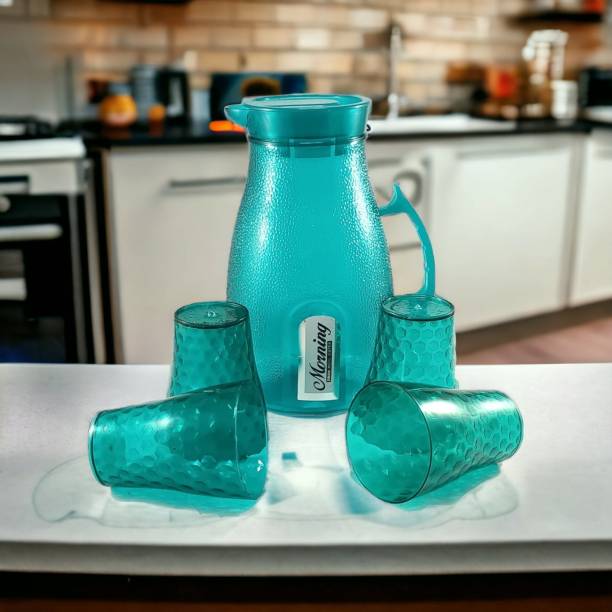 SKP Plastic Unbreakable Transparent Dotted Plastic Water Jug with 4 Glass Drinkware Set & Leak Proof Jug Glass Set