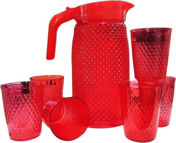 Finner Water Jug 2 Liter with 6 Pcs Glass for Drinking Juice, Milk & Cold Drinks (Red) Jug Glass Set