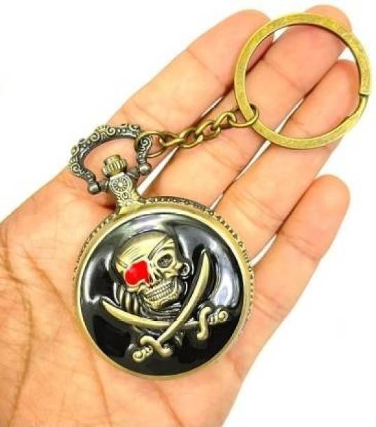 hurrio Skull Pirates Design Quartz Pocket Watch Keychain Analog Vintage Key Chain