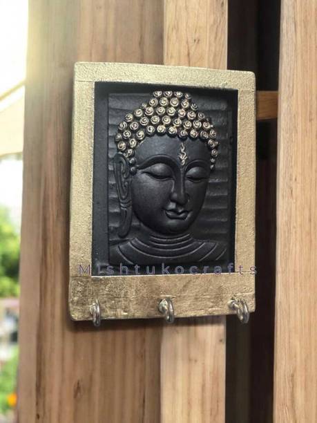 Mishtukocrafts Resin Buddha Wall Key Holder with 3 Hooks | Decorative Key Hanger for Home Polyresin Key Holder