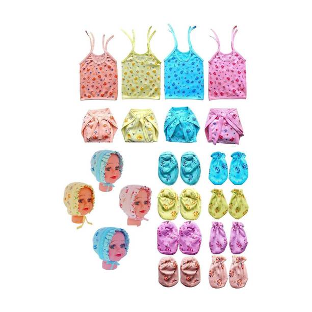 Qloth Clothing set for new born baby ( 4set mittens,4cap,4jabla,4Nappy (Multicolor)