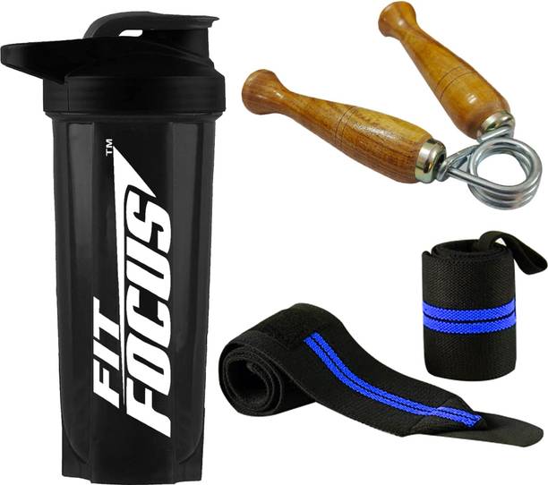 FIT FOCUS Gym Protein Shaker, Wrist Support Band & Premium Gripper for Men & Women Fitness Accessory Kit Kit