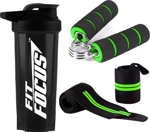 FIT FOCUS Gym Shaker Bottle For Protein Shake With Wrist Band & Hand Exerciser Gripper Fitness Accessory Kit Kit