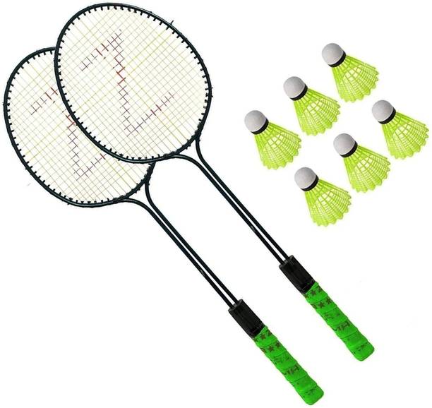 SPO Zone Badminton Racquite Set of 2 With Plastic Shuttlecocks pack of 6 Dobule Rod Badminton Kit