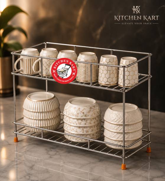 KITCHEN KART Containers Kitchen Rack Steel Stainless Steel 2 Layer Kitchen Rack Cups &Bowls