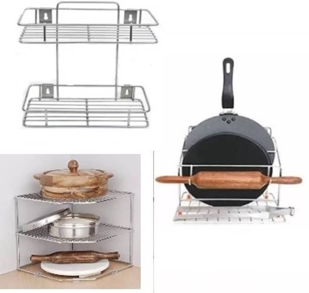 KPT Containers Kitchen Rack Steel "Streamline Your Kitchen With Triple Rack Set"Self Rack+Corner Rack+Tawa Stand