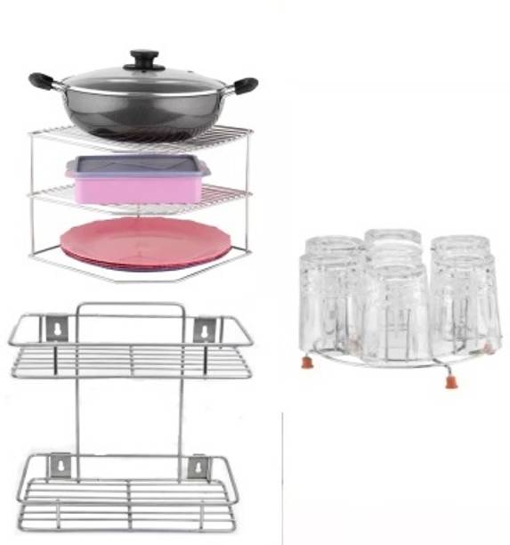 Tajpur Traders Containers Kitchen Rack Steel "Kitchen Compact Trio:3-in-1 Rack Combo" Corner Rack+Self Rack+Glass Stand