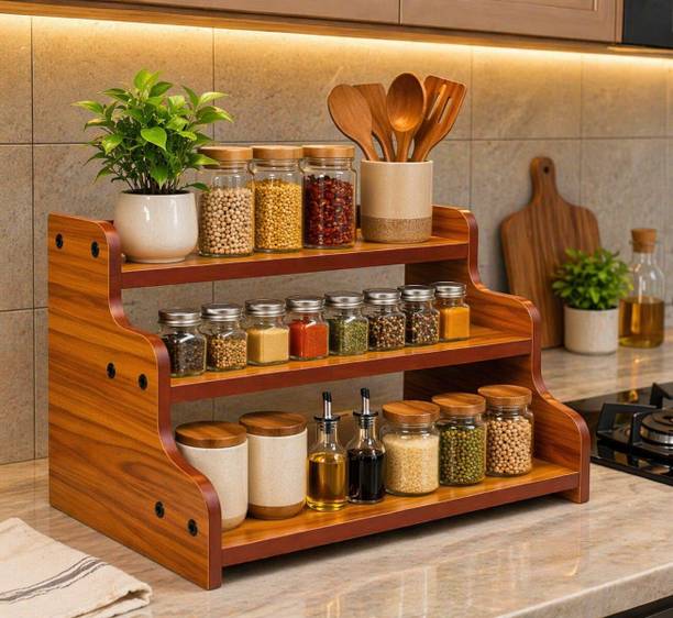 WOODENSANTIQUE 3-Tier Spice Rack, 13.8 Inch Wood Step Shelf Countertop Spice Storage Holder Wooden Wall Shelf