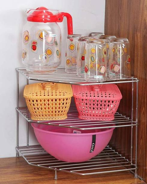 Delhi Kitchenware Utensil Kitchen Rack Steel Stainless Steel 3-Tier Kitchen Corner Rack, Storage Shelf Rack, Dish Rack Steel