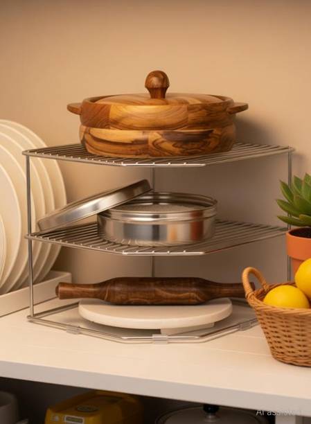Goyal Products Chakla/Belan Kitchen Rack Steel GP stainless steel multipurpose Kitchen Plate Dish Corner Shelf Rack Stand Shelves Holder, Kitchen Tray pan Pot Utensils chakla belan Storage Cupboard Or
