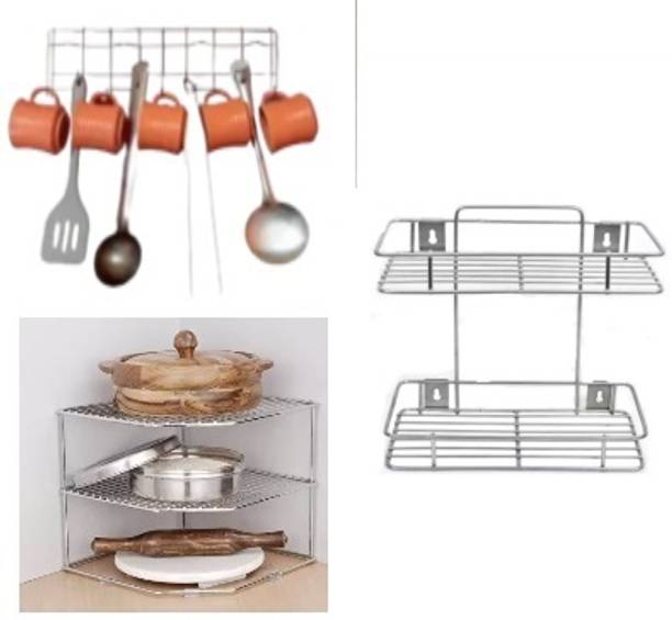 KPT Containers Kitchen Rack Steel "Streamline Your Kitchen With Triple Rack Set"Corner Rack+Self Rack+Cutlery Rack