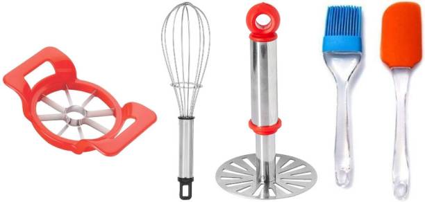 OMORTEX Steel Whisk & Masher and Silicon Spatula Brush (Pack Of 5) Kitchen Tool Set