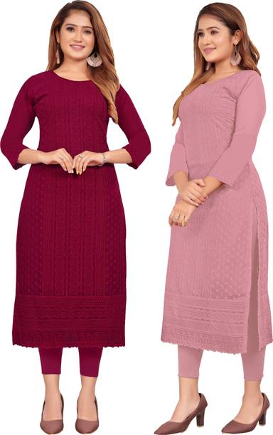 KAYRAAH Pack of 2 Women Chikan Embroidery Georgette Straight Kurt