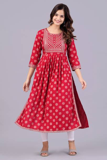 NEW4U Women Embroidered Viscose Rayon Trail Cut Kurta (Red)