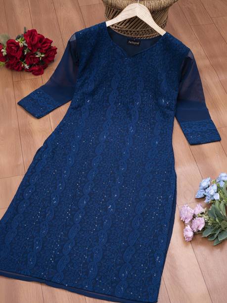 Chikan Embroidery Chiffon Straight Kurta for Women