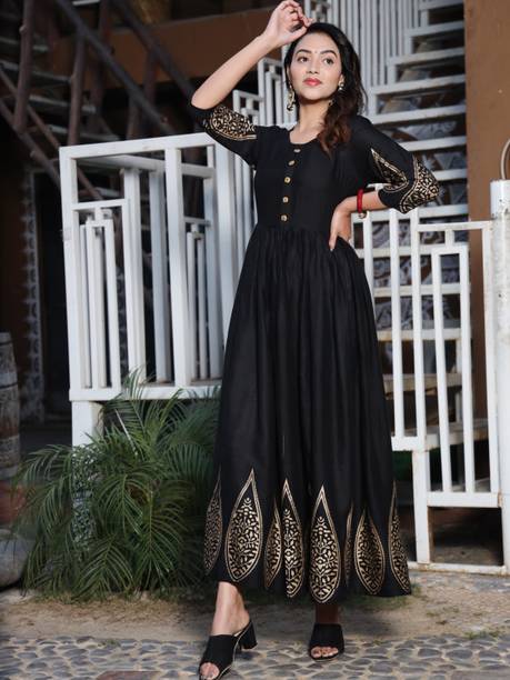 CHARVI CREATION Women Printed Viscose Rayon Anarkali Kurta (Black
