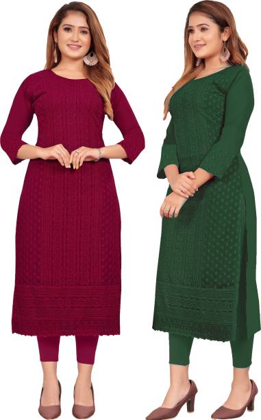 Pack of 2 Women Chikan Embroidery Georgette Straight Kurta Price in India