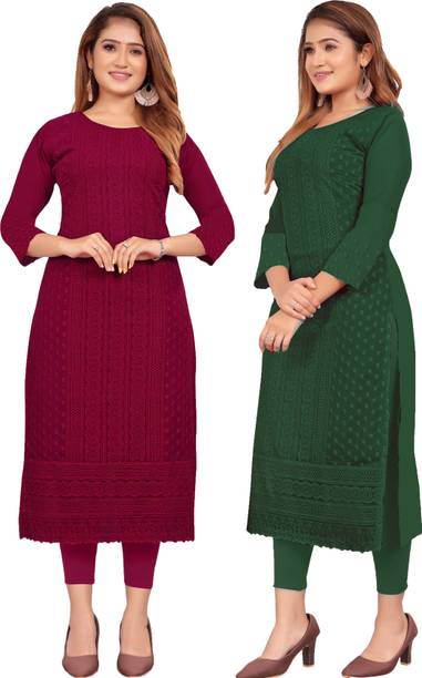 Pack of 2 Women Chikan Embroidery Georgette Straight Kurta Price in India