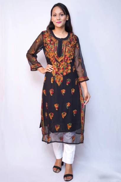 CHIKANKARI BY KK Women Chikan Embroidery Straight Kurta
