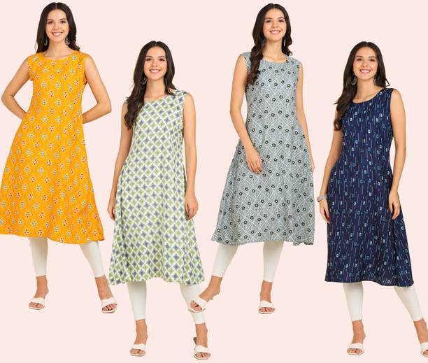 Pack of 4 Women Printed Crepe Flared Kurta