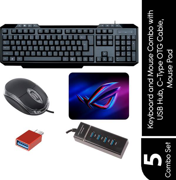 SKOG Combo of 5,USB Wired Keyboard & Mouse, Mouse Pad, type-C OTG and USB Hub Combo Set