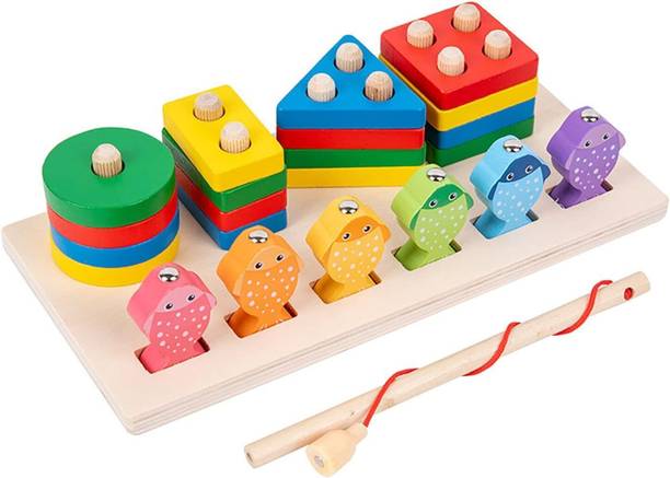 KNK Infotain Wooden 4 Color Shape Recognition Stacker Shape Sorter, 5 Magnetic Fish Toys