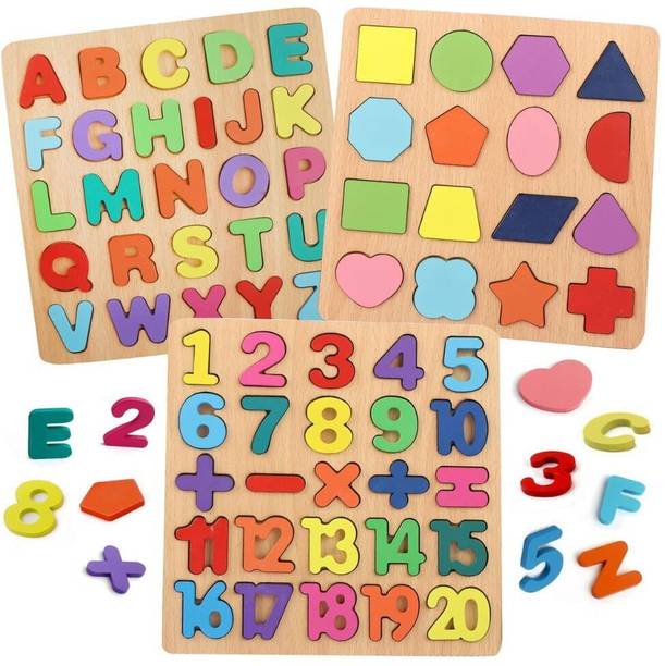 KNK Infotain Wooden Learning Educational Board for Kids Alphabets Numbers & Shapes Puzzle