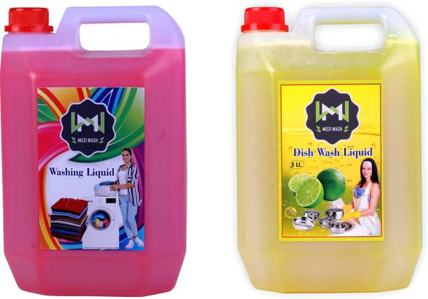 MIZZIWASH PINK Washing machine liquid detergent + YELLOW dish wash gel (5+5 ltr) Multi-Fragrance Liquid Detergent