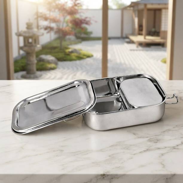 Metelio Reusable Stainless Steel Lunch Box for Kids & Adults 2 Containers Stainless Steel School Lunch Box