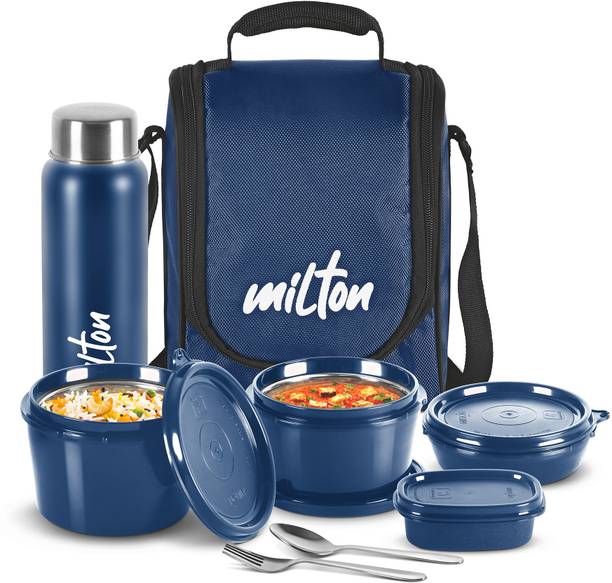 MILTON Pro Lunch Box (3 Containers, 1 Chutney Dabba, 1 Bottle, Spoon, Fork), Blue 4 Containers Lunch Box