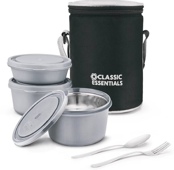 Classic Essentials Microwave Safe Stainless Steel | Insulated Fabric Bag | Leak Proof 3 Containers Stainless Steel Office Lunch Box