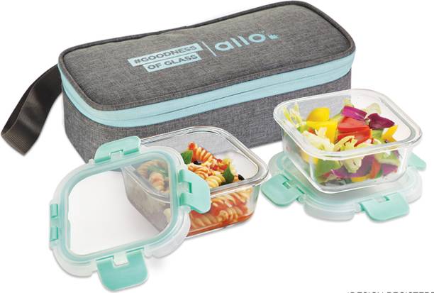 Allo FoodSafe Glass Lunch Box,Microwave Safe Tiffin with Canvas Grey Lunch Bag, 2 Containers Glass Office Lunch Box