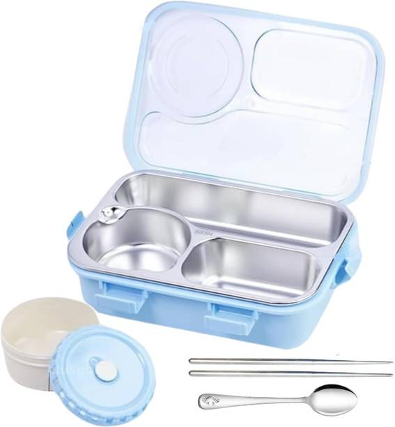RBGIIT Leakproof Detachable Inner Steel 3 Compartments Spoon Chopstick Small 3 Containers Lunch Box