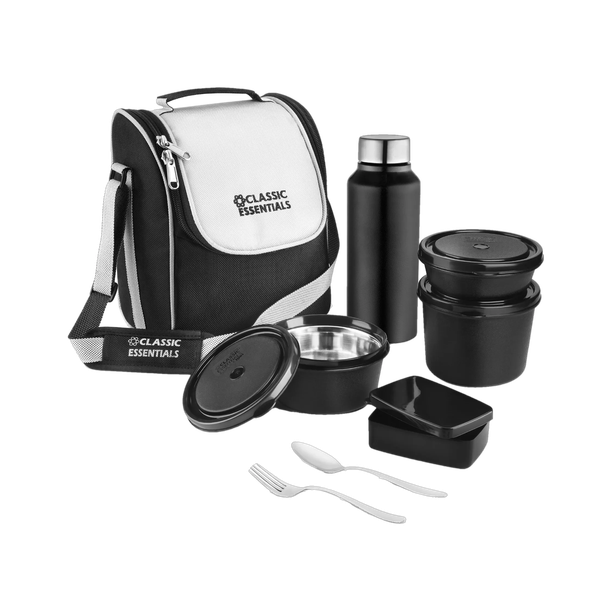 Classic Essentials Microwave Safe Lunch box Set of 5 with Bottle, Bag & Cutlery| 5 Containers Stainless Steel Office Lunch Box