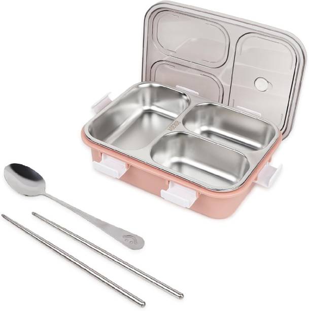RBGIIT Leak Proof 3 Compartment Stainless Steel Tiffin Boxes With (1 SPOON & CHOPSTICK) 3 Containers Lunch Box