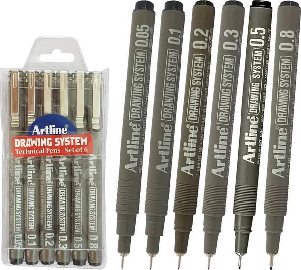 Artline DRAWING SYSTEM TECHNICAL PENS, SET OF 6, METAL TIP Nib Sketch Pens