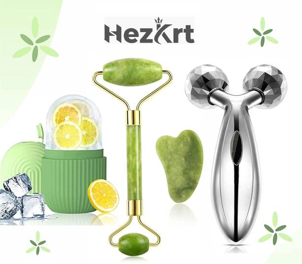 HEZKRT ® Silicon Ice Cube Roller Massage And 100% Natural Jade Roller with Gua Sha Stone Set Facial Roller For Skin Eye Neck Body Massager