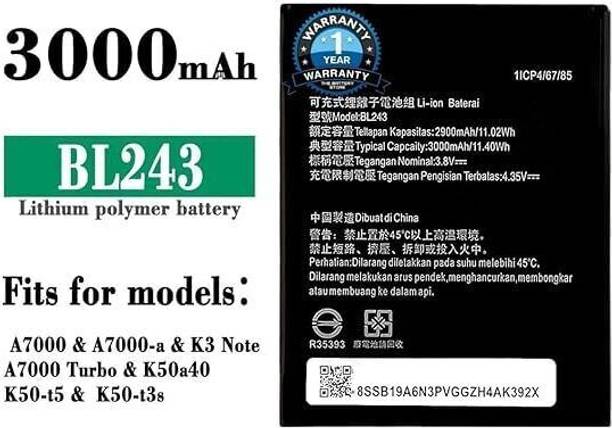 GILERINS Mobile Battery For  Lenovo BL243 Lenovo K3 Note K50-T5 A7000 A5500 A5600 A7600 with 1 Year Warranty
